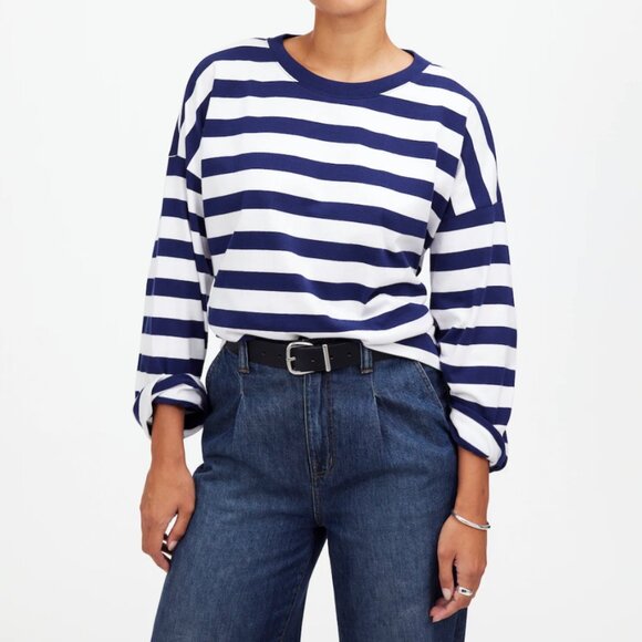 Madewell Oversized Long-Sleeve Striped Crewneck Cotton Tee Size Medium - Picture 1 of 11